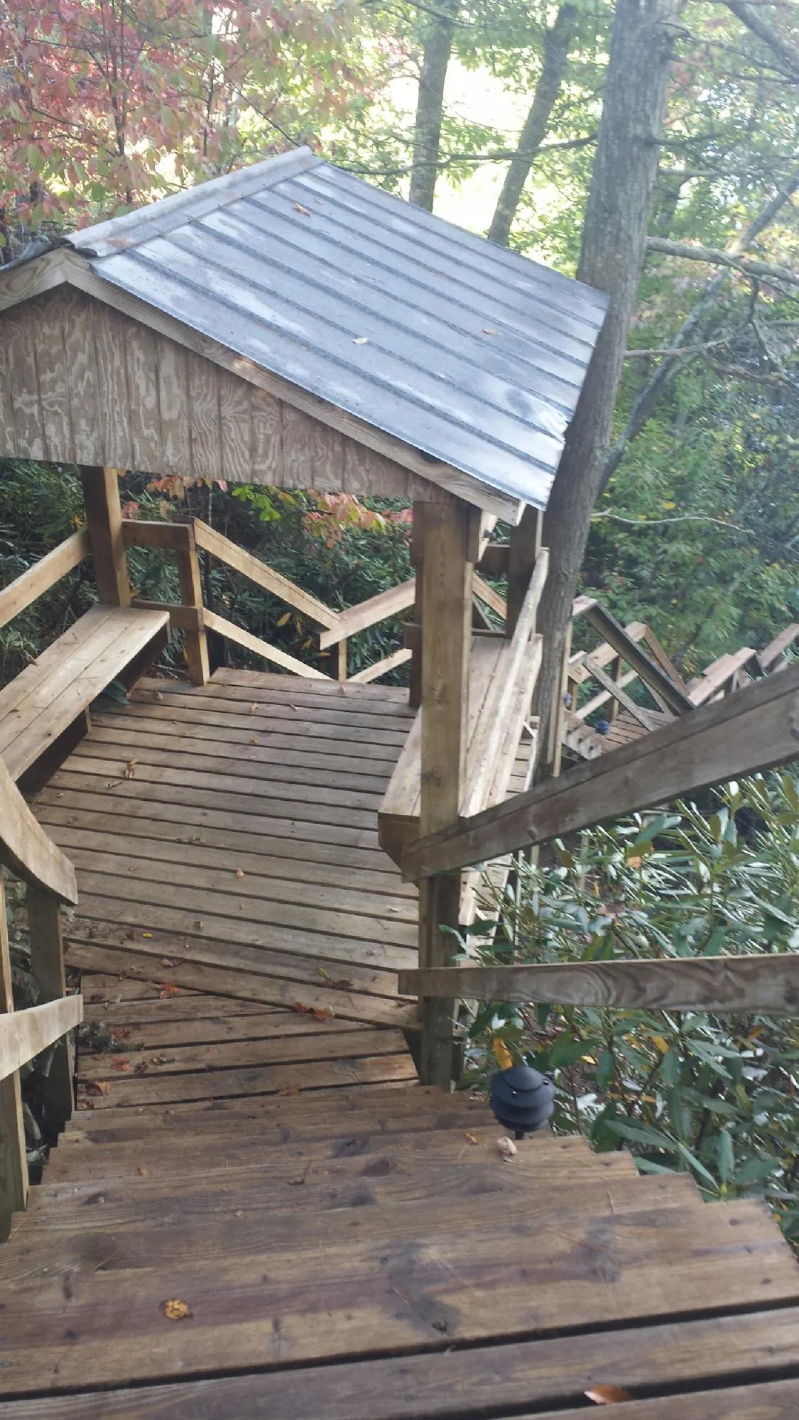 Metal roofed shelter over wooden steps on a wooded walkway — Skylight Repair & Installation work by our crew in Port Barre
